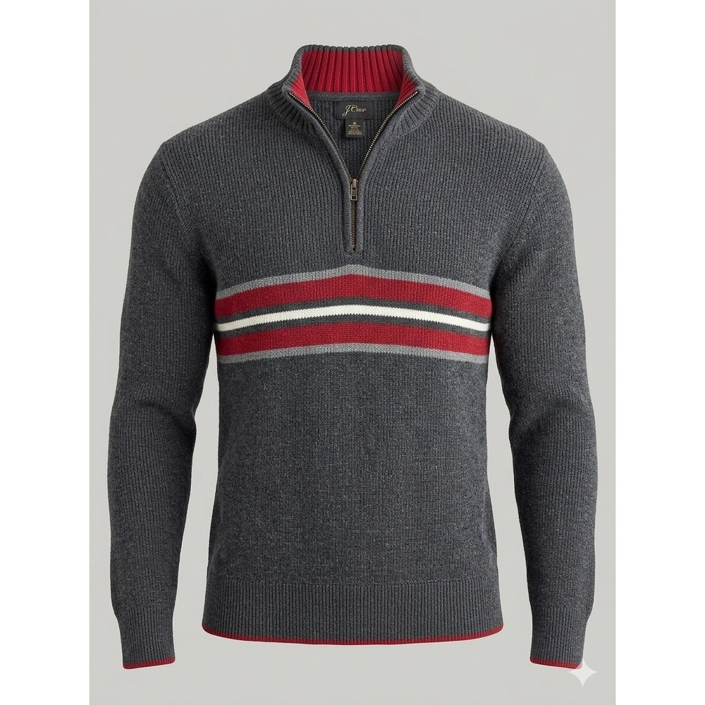 Eddie Bauer Mens Large Gray Red Striped 100% Cotton Quarter Zip Mock Sweater